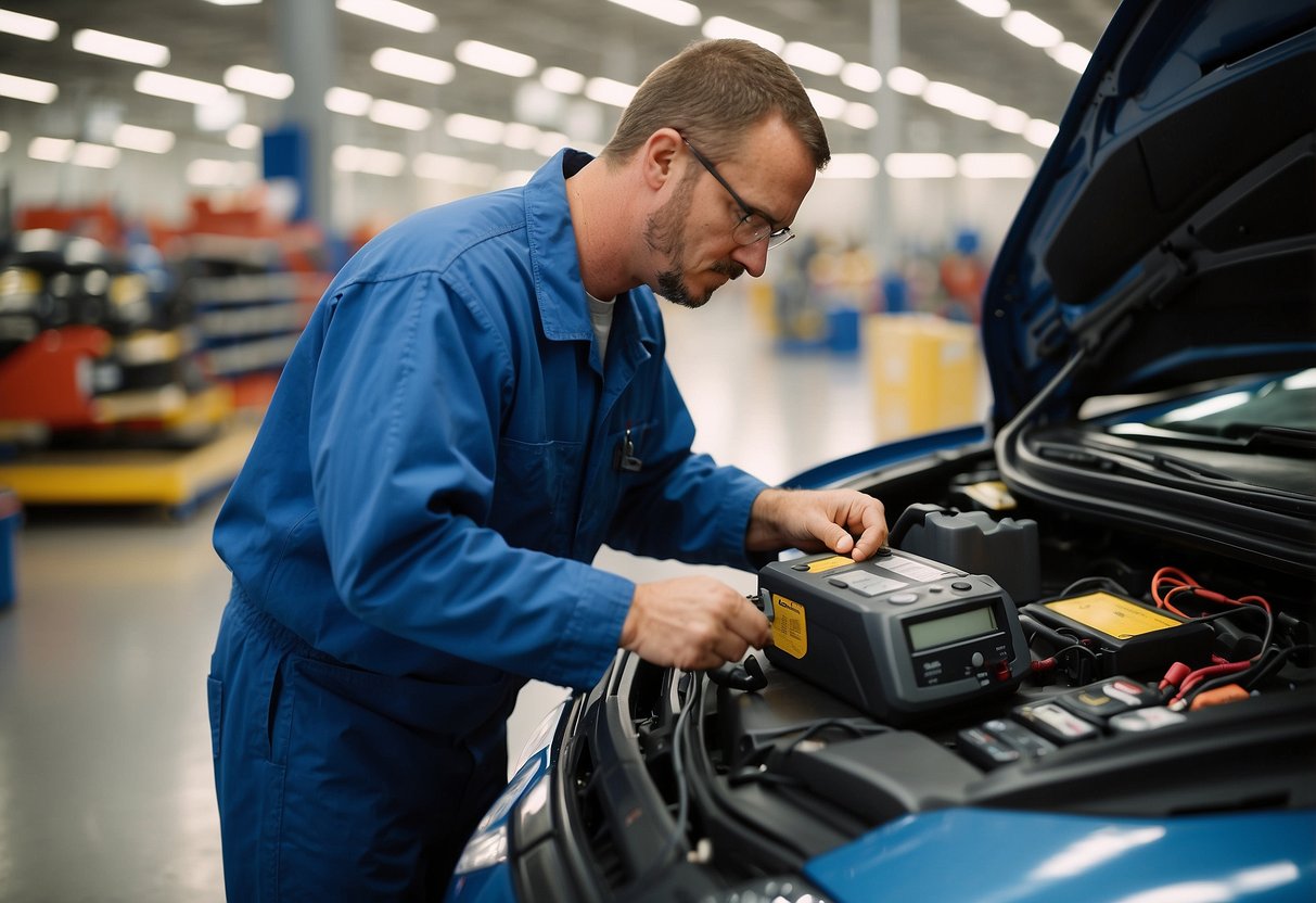 A technician at Sam's Club tests a car battery using a multimeter and a battery tester