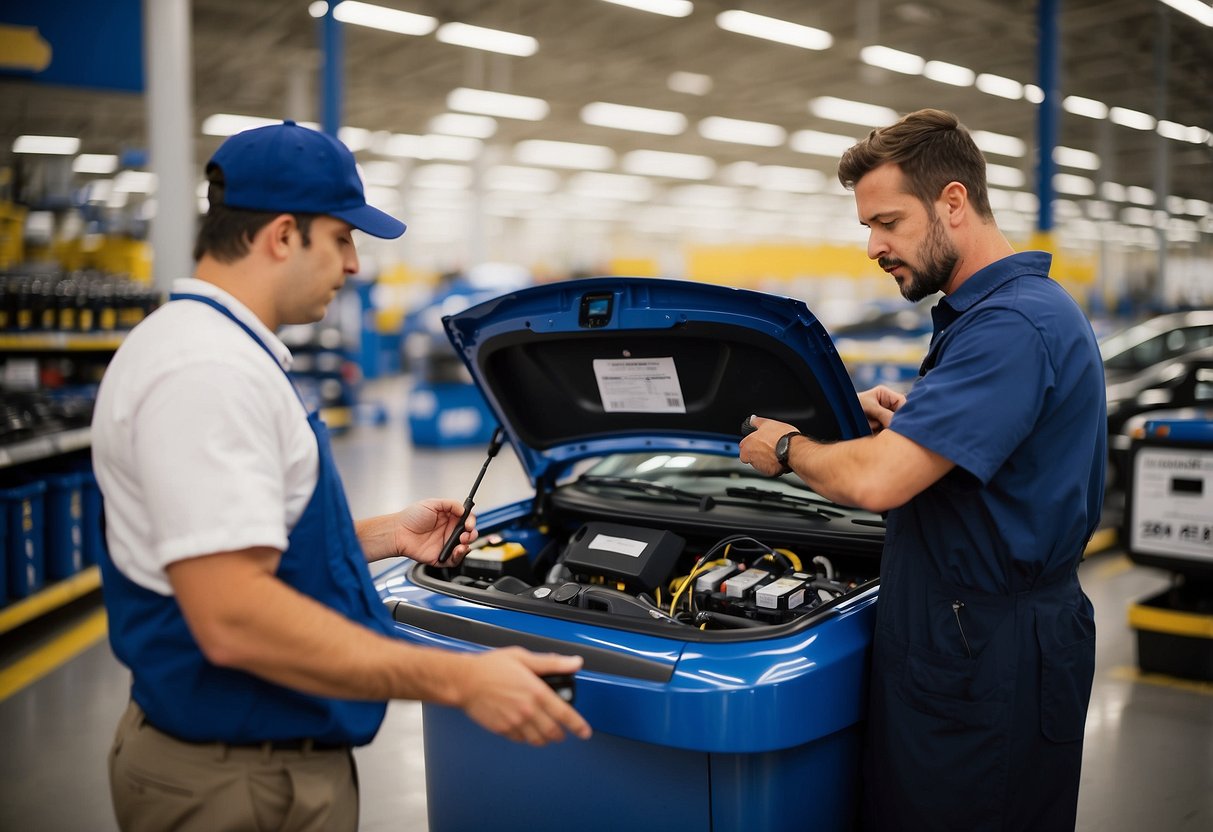 A technician at Sam's Club tests car batteries for purchase and replacement policies