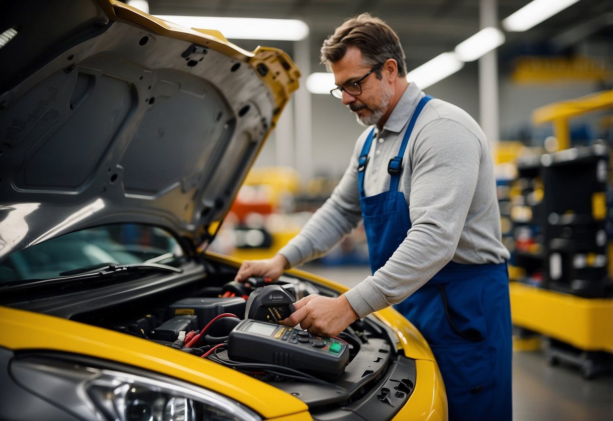 A technician at Sam's Club tests a car battery with a multimeter