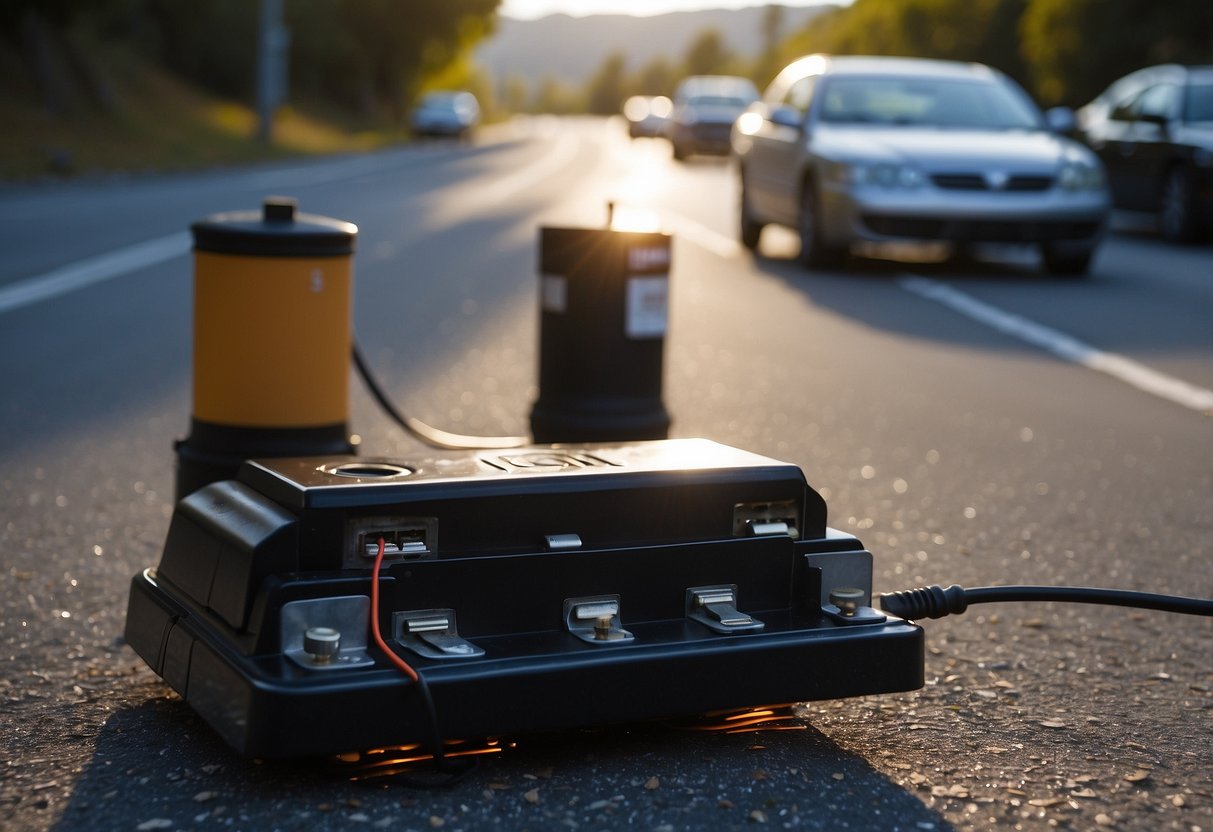 A car with a dead battery sits idle on the side of the road, while another car with a charged battery speeds past