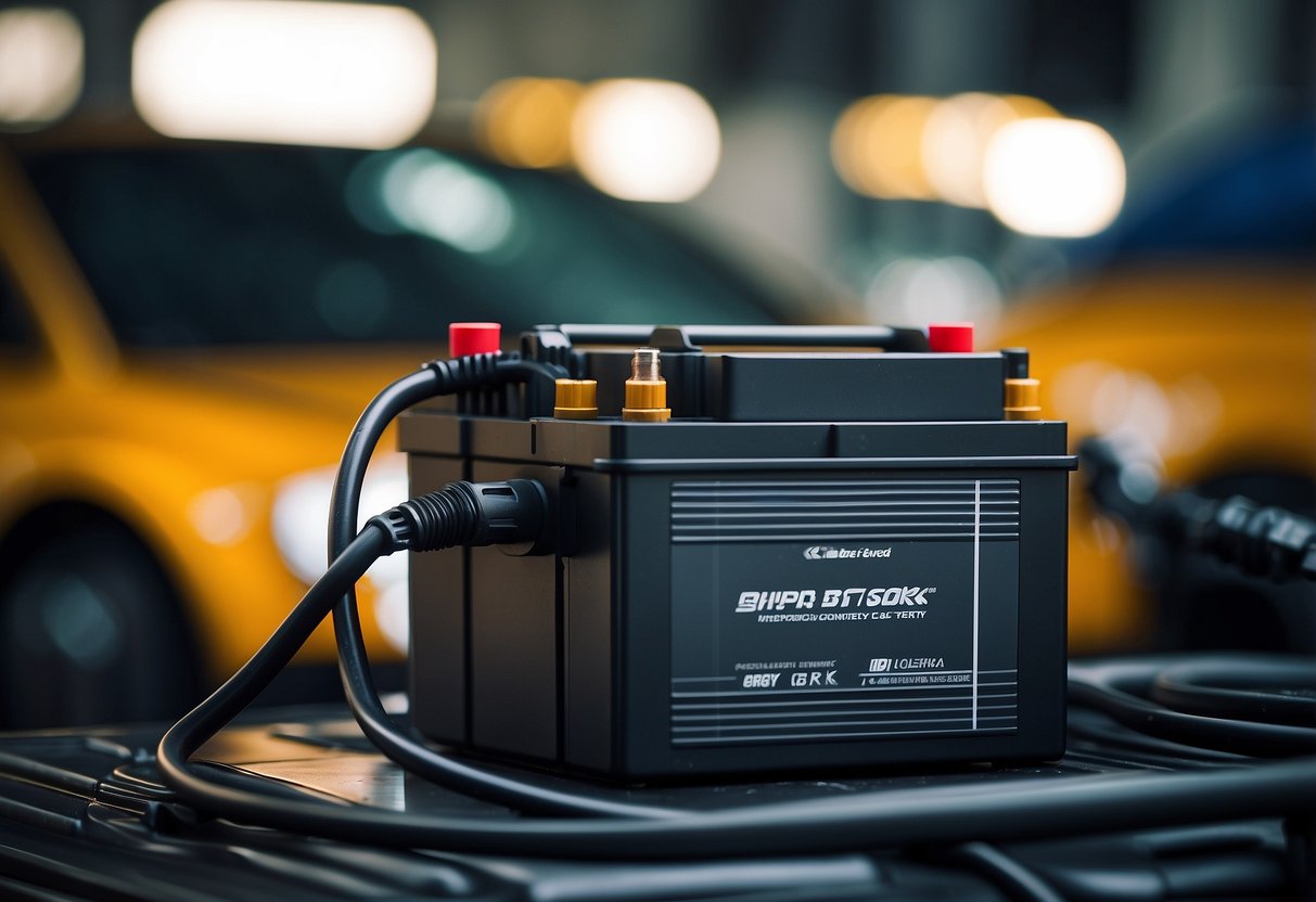 A car battery connected to a vehicle's engine, with energy flowing to power the vehicle's systems and maximize performance