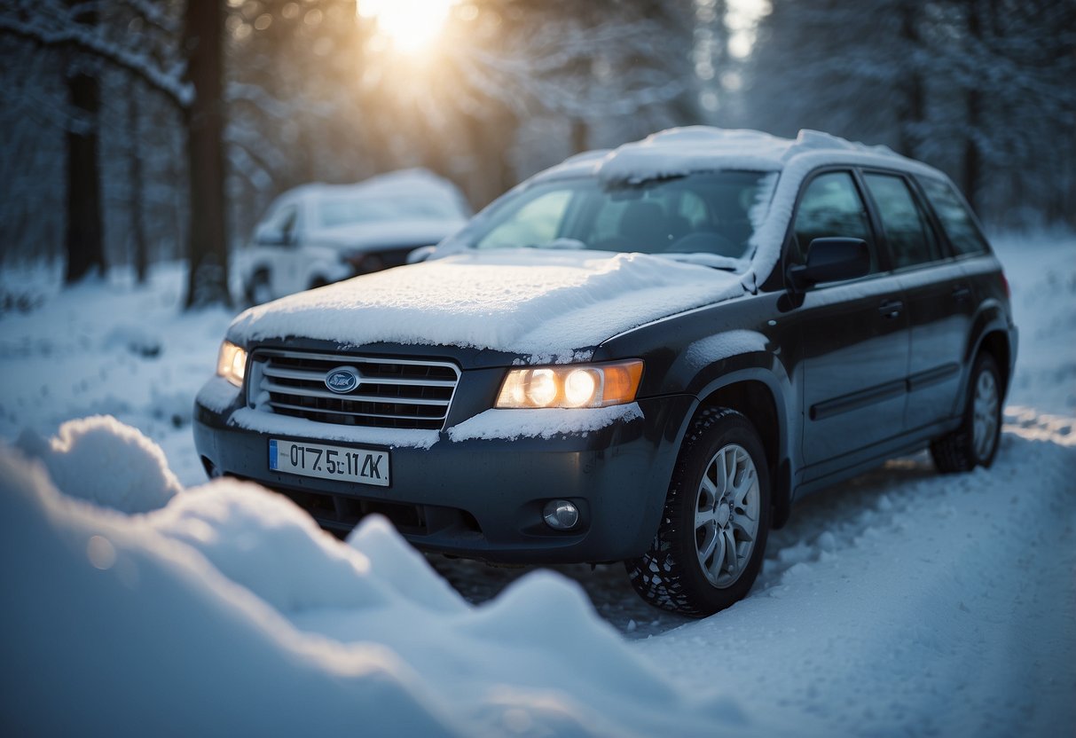 A car battery covered in frost, surrounded by snow and icicles, with a vehicle's hood open in a snowy, cold environment