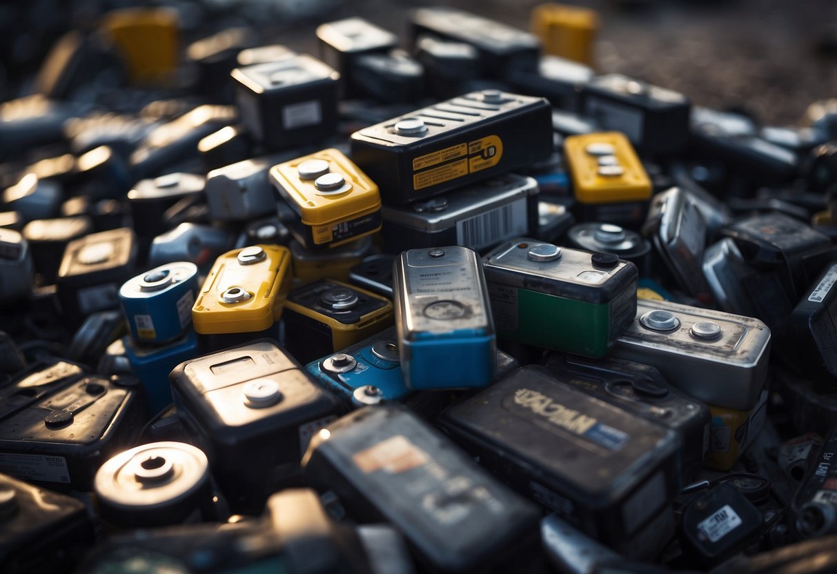 Old car batteries pile up in a scrapyard, waiting to be recycled