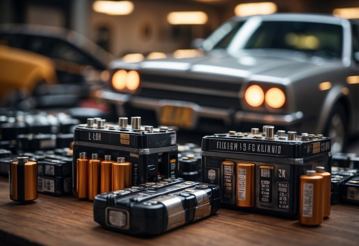 An old car battery sits on a scale, surrounded by piles of other batteries. A price tag with a dollar amount hangs nearby