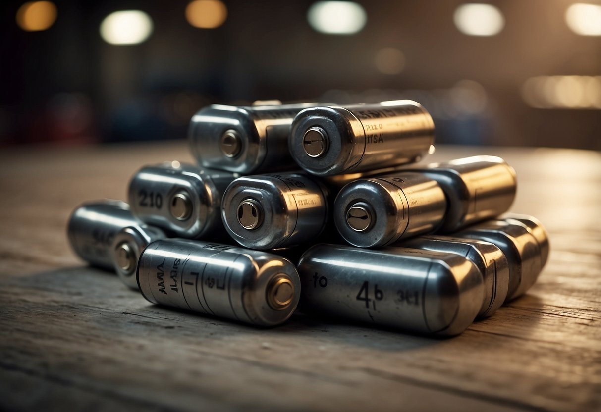 A pile of old car batteries sits on a dusty table, with a sign reading "Where to Sell and Prices to Expect" nearby