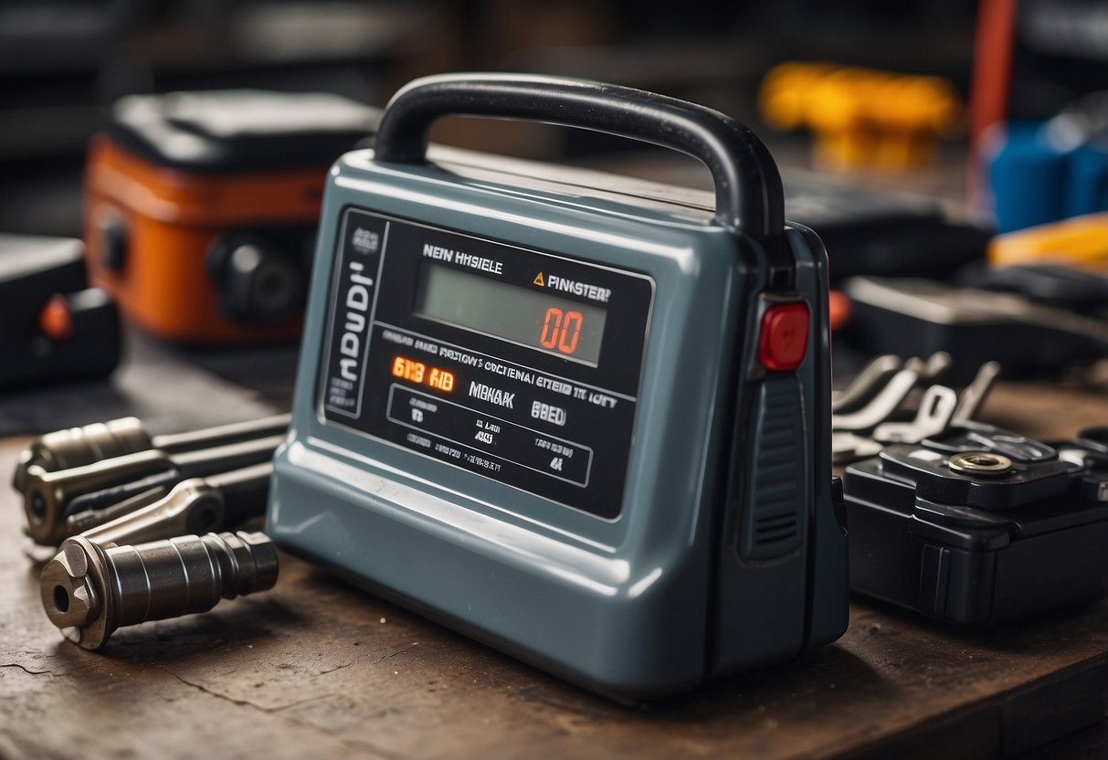 An old car battery is placed on a scale, next to a safety gear and tools. A price tag with a dollar amount is visible