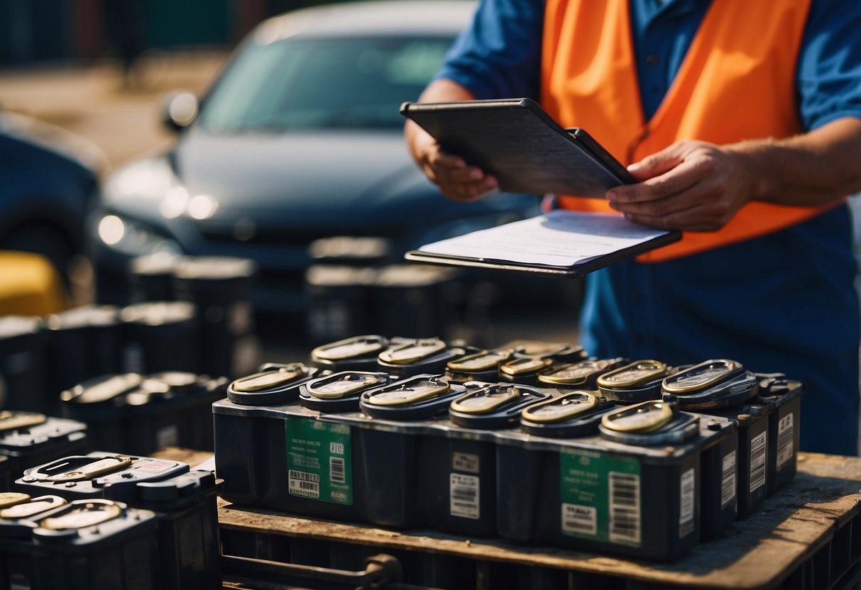 A pile of used car batteries being weighed on a scale at a scrap yard, with a worker writing down the weight and calculating the payment