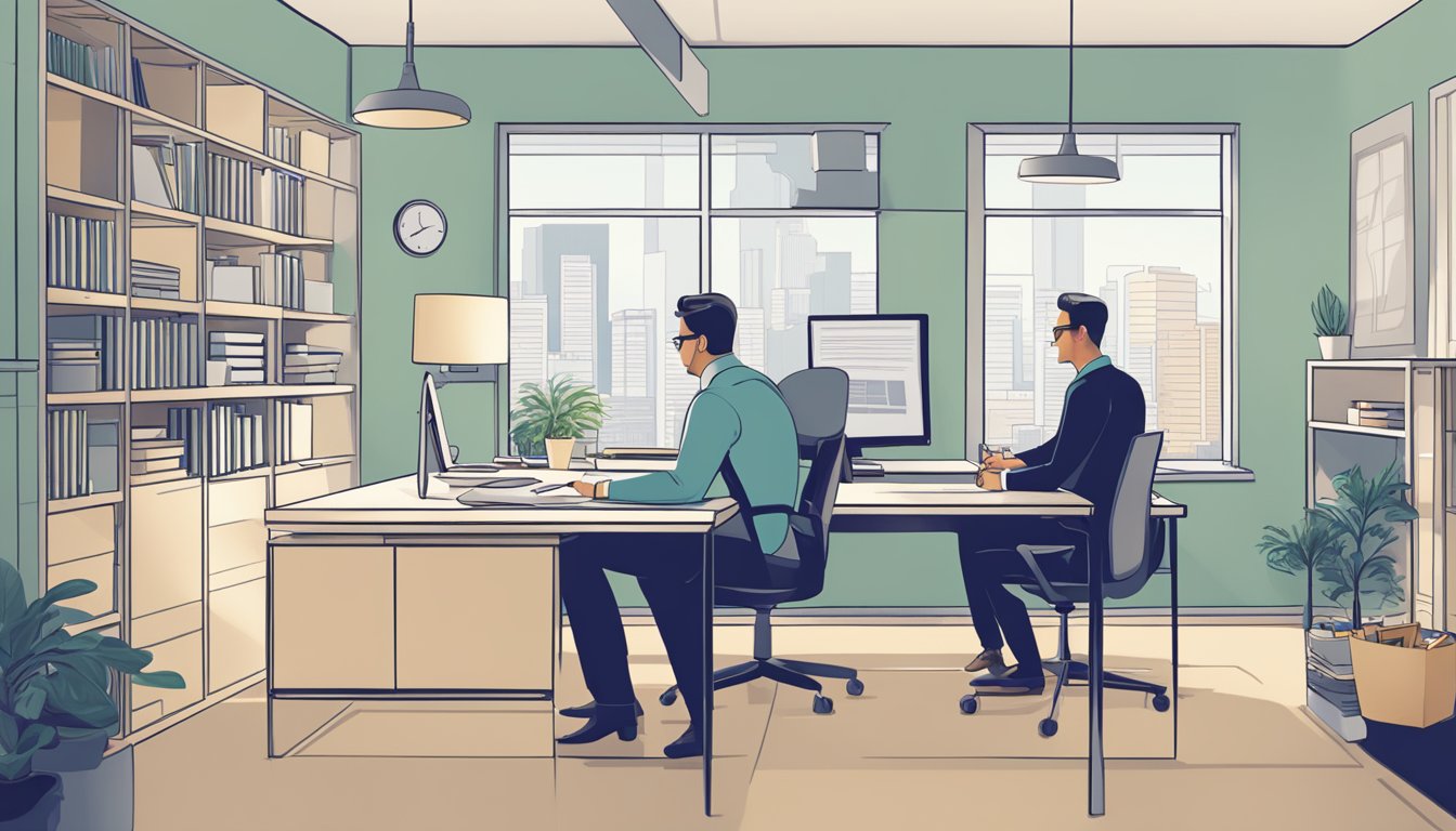 A modern office setting with a banker and a small business owner discussing loan options and reviewing documents. The banker is seated at a desk with a computer, while the business owner is standing and gesturing towards a financial report