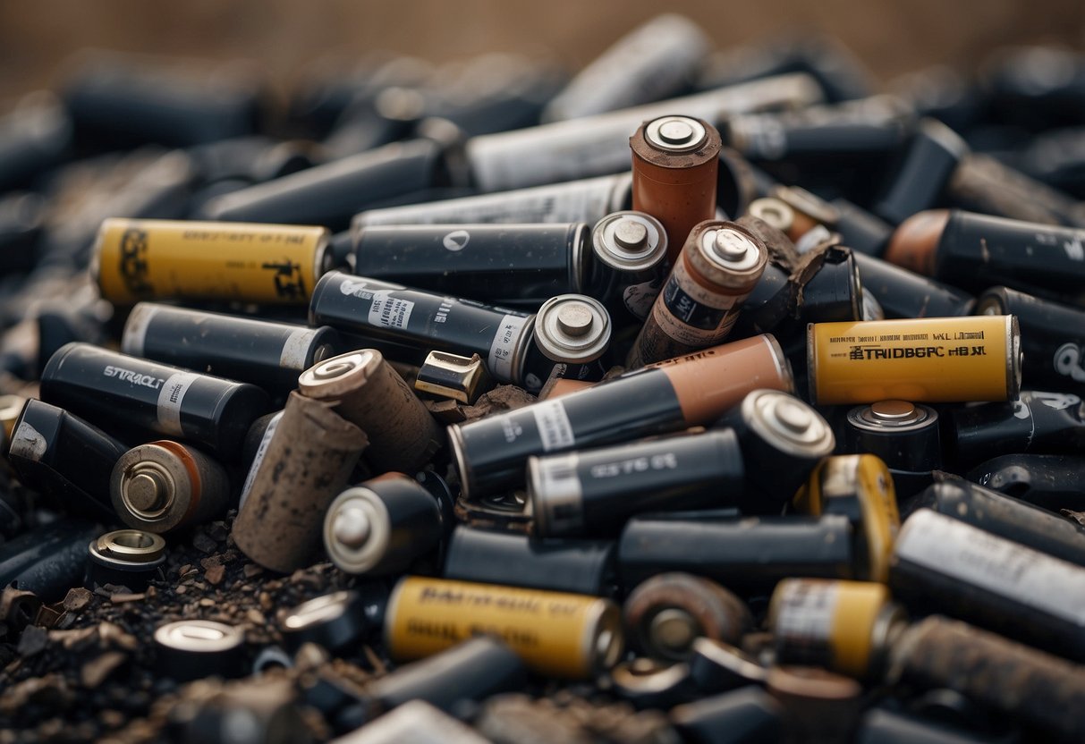 A pile of discarded car batteries sits in a scrap yard, awaiting disposal. The environmental impact of battery disposal is evident as the toxic materials leach into the soil