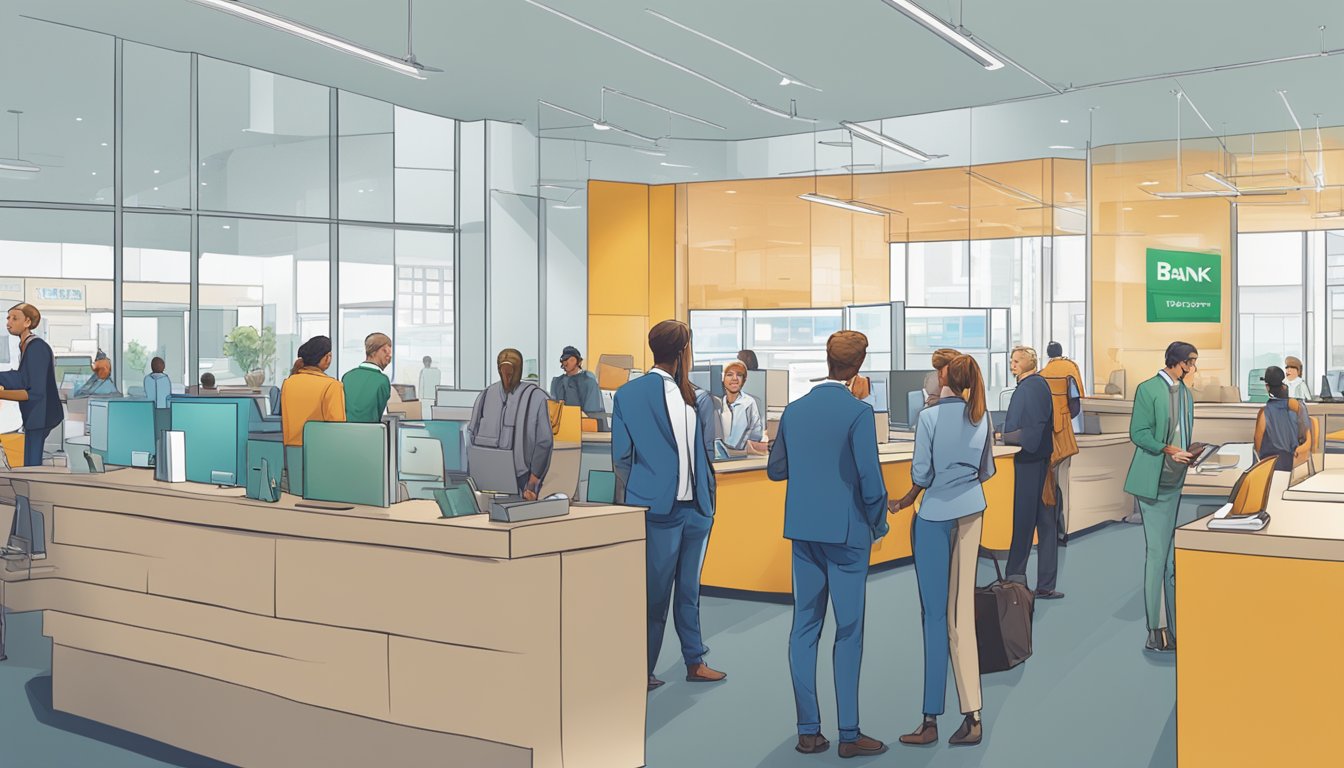 A bustling bank branch with people discussing business loans at desks, while others wait in line. The Anext Bank logo prominently displayed