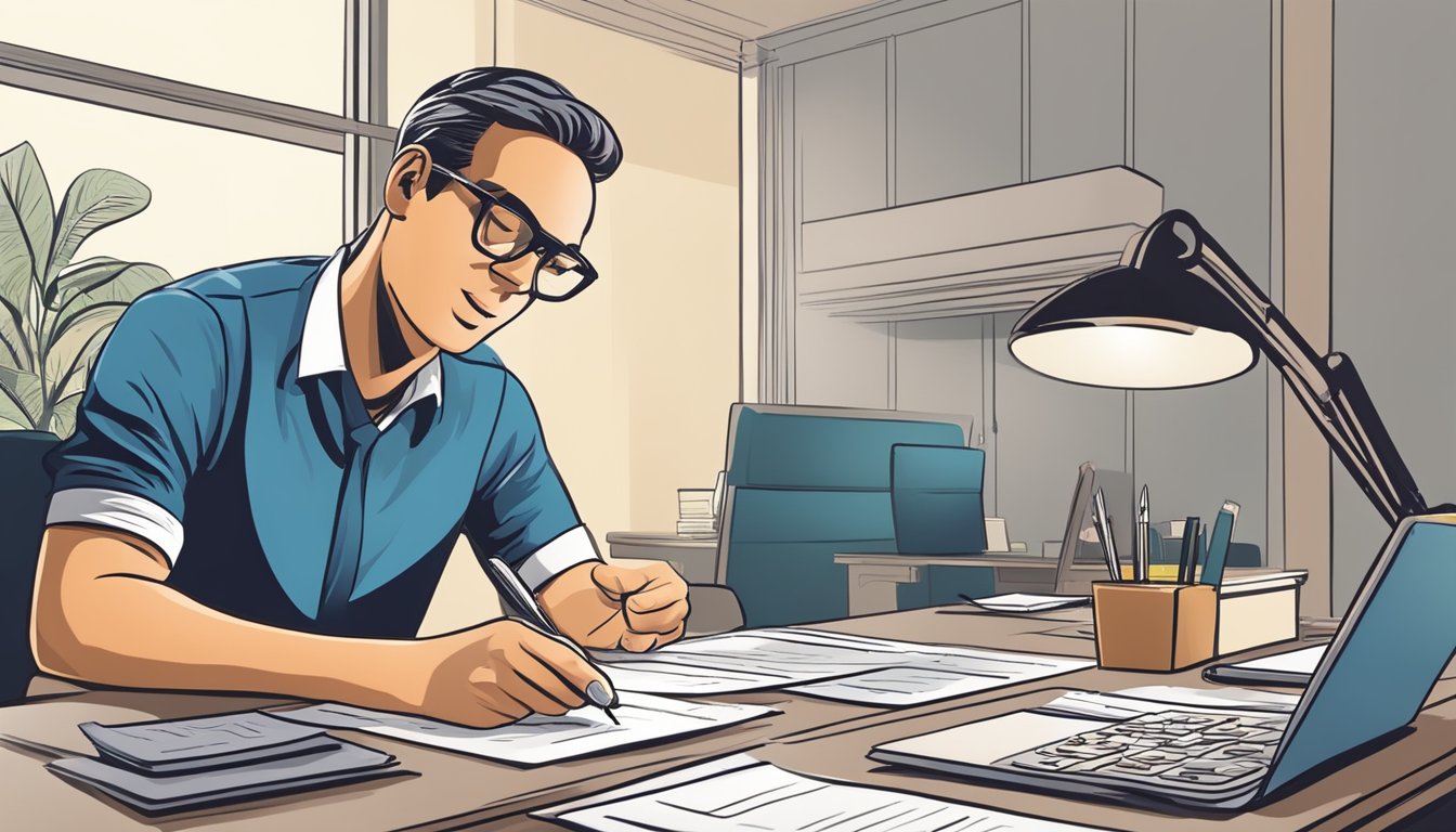 A business owner sits at a desk, filling out loan application forms. A bank representative reviews the documents and stamps "approved" on the last page