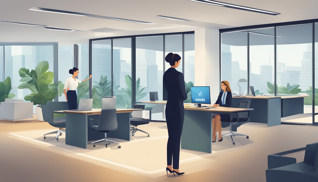 A modern office setting with a sleek Anext Bank logo prominently displayed. A professional businesswoman or businessman discussing loan terms with a bank representative