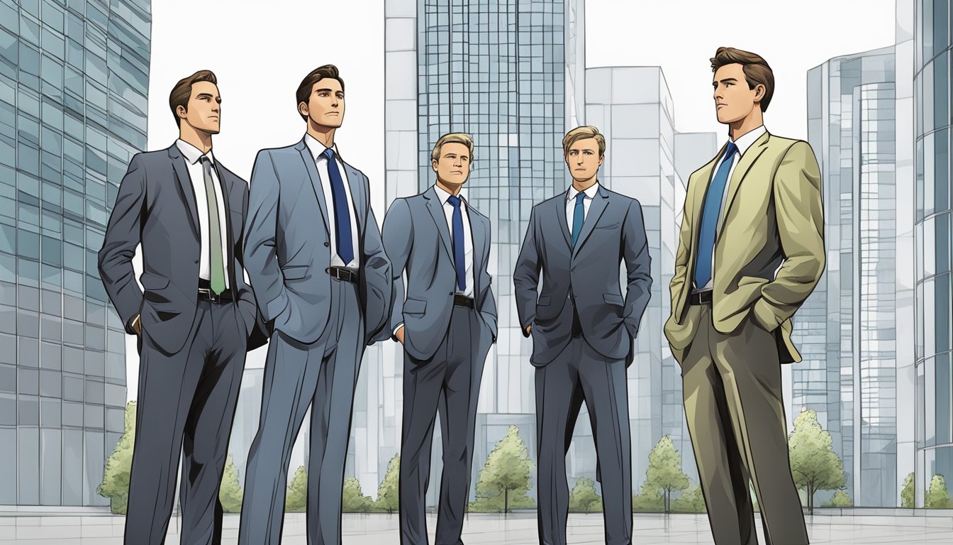 A group of business professionals stand confidently in front of a modern office building, while their competitors appear small and outdated in the background