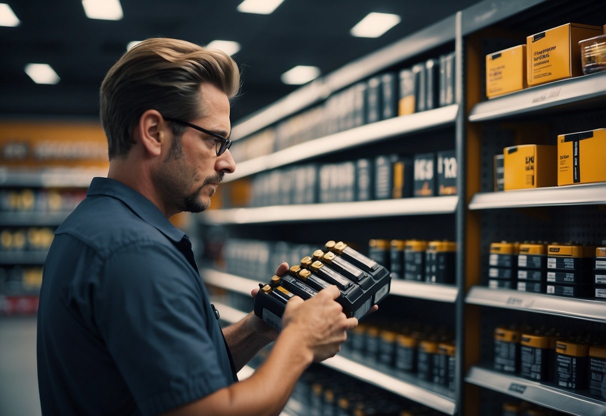 A customer browsing car batteries on a store shelf, comparing different brands and sizes