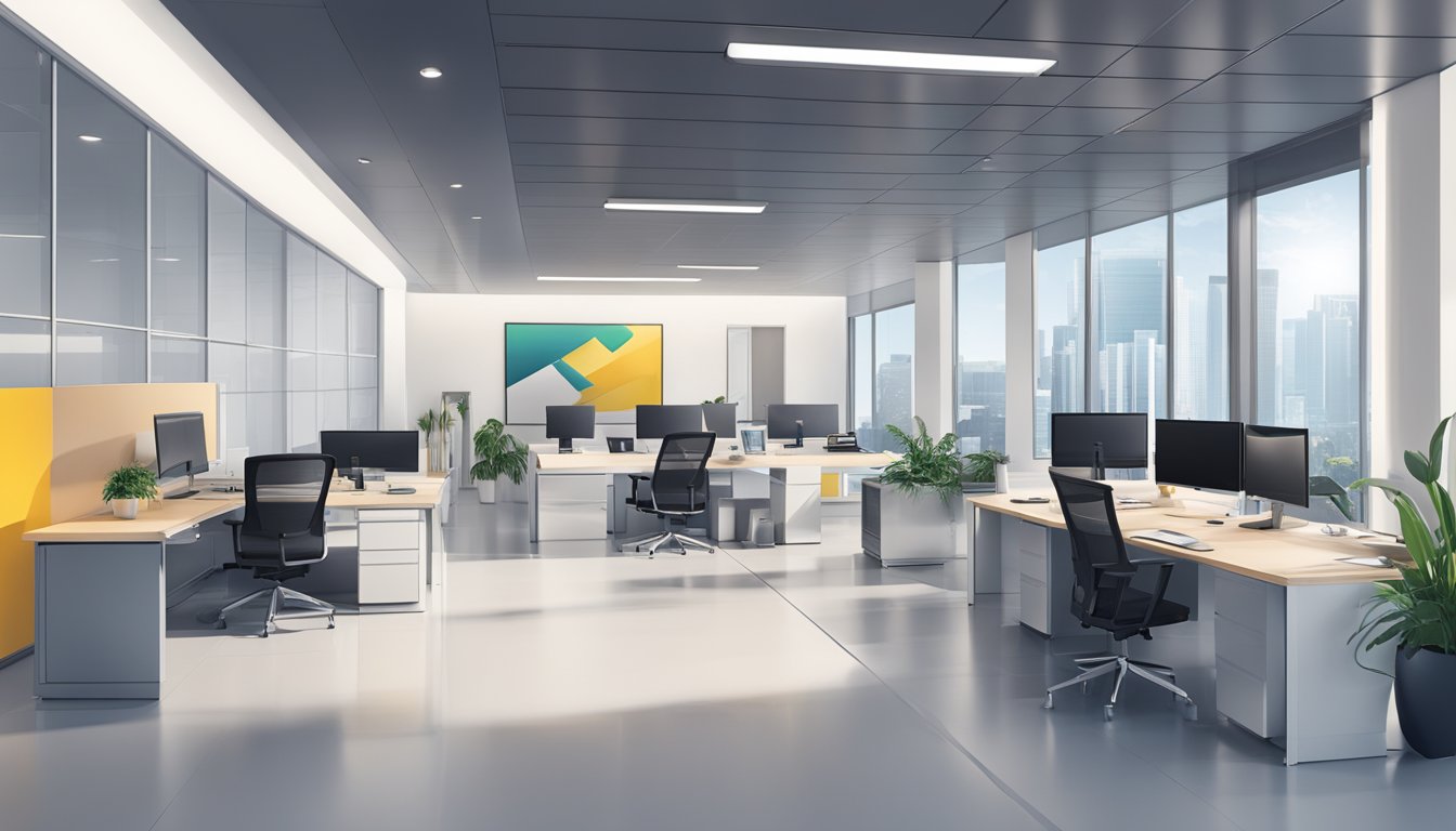 Anext Bank Business Loan SG Review: A modern office with a sleek desk, computer, and documents. A professional setting with a corporate atmosphere