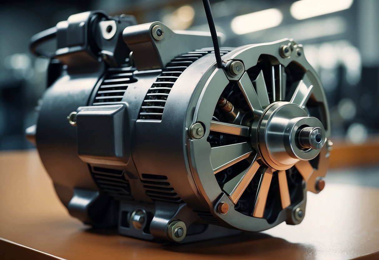 An alternator spins inside a car engine, generating electricity to charge the battery. The alternator is connected to the engine by a belt