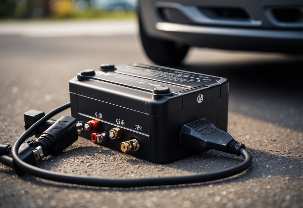 A car battery charges outside the vehicle on a concrete surface, connected to a charger with cables and clamps