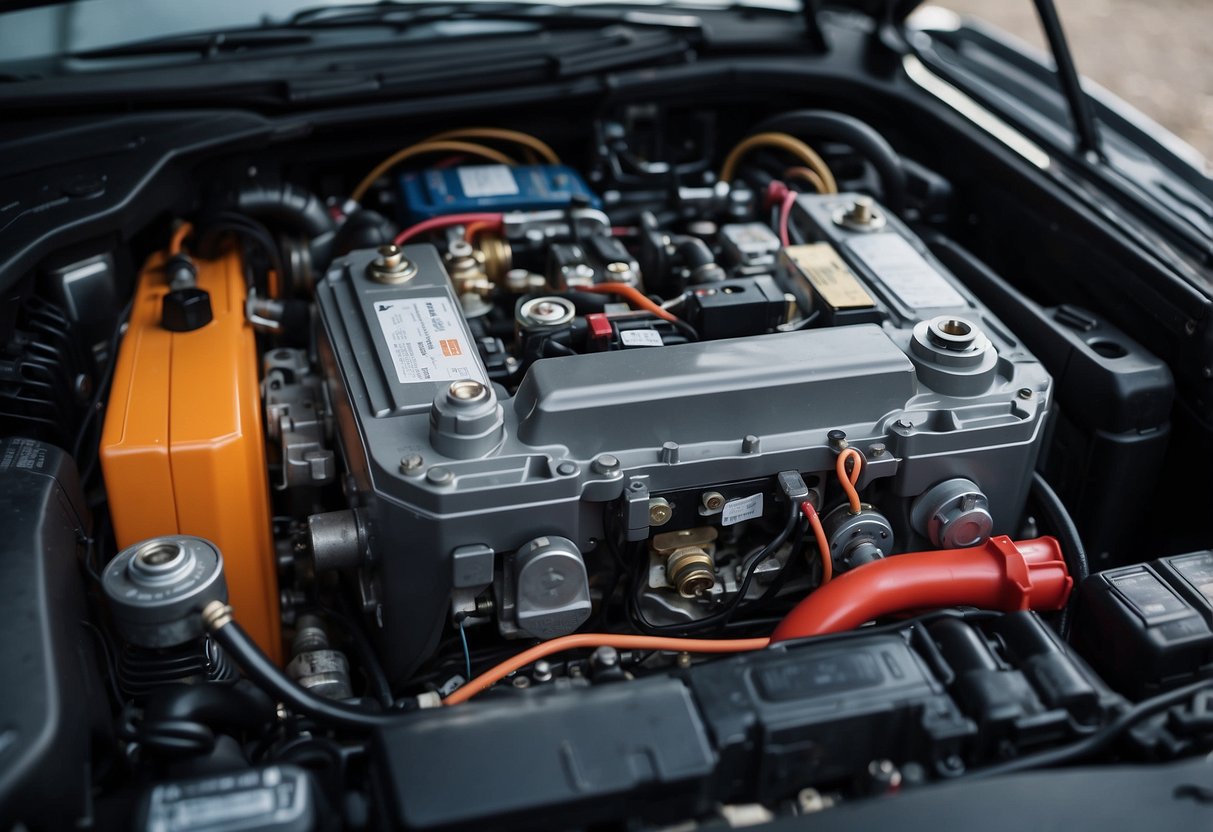 A car battery sits within the engine compartment, surrounded by various components such as the alternator and wiring. It is connected to the car's electrical system and is subject to factors such as temperature, usage, and maintenance, which can affect its lifespan