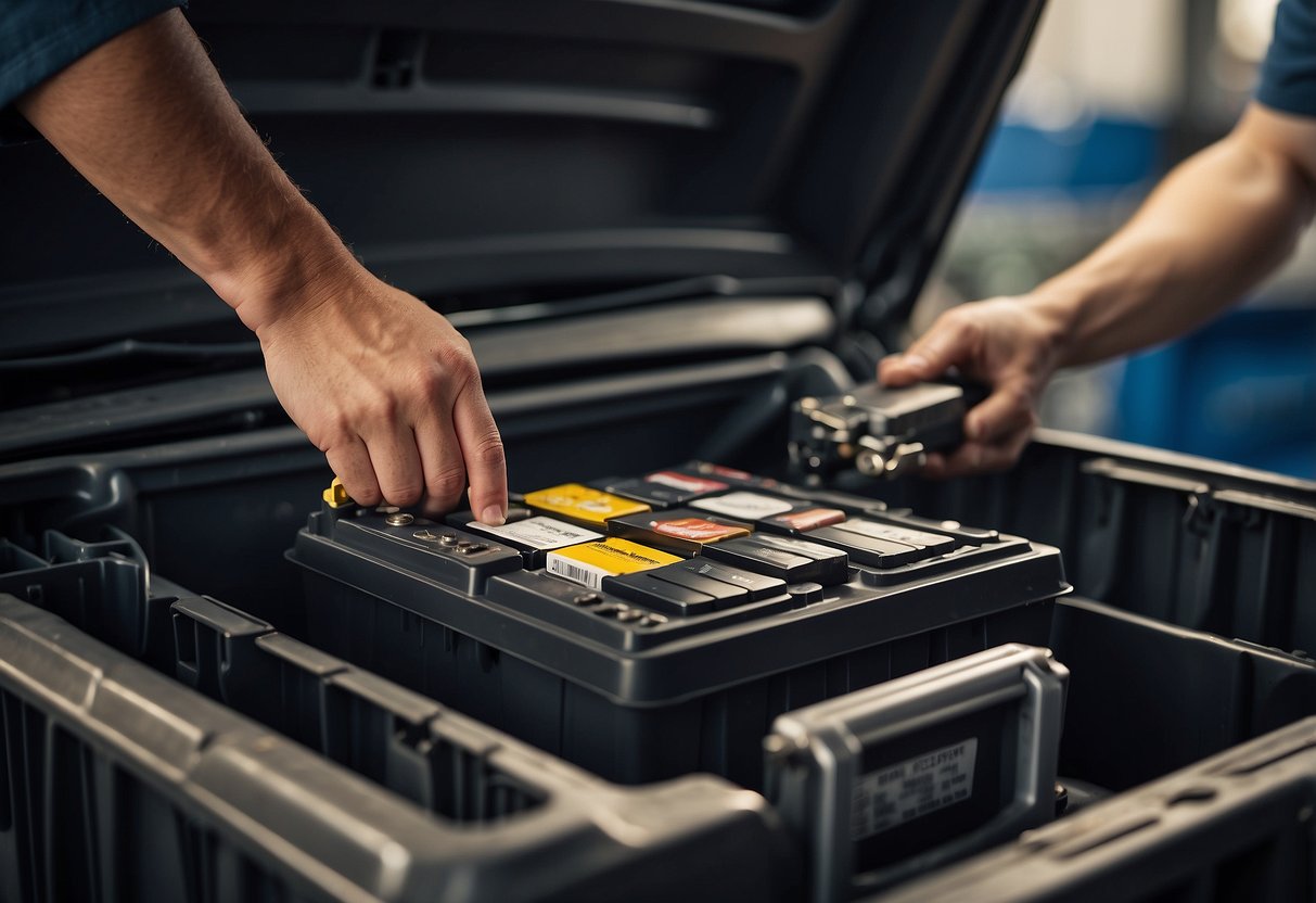 A mechanic swaps out an old car battery for a new one, placing the used battery in a recycling bin