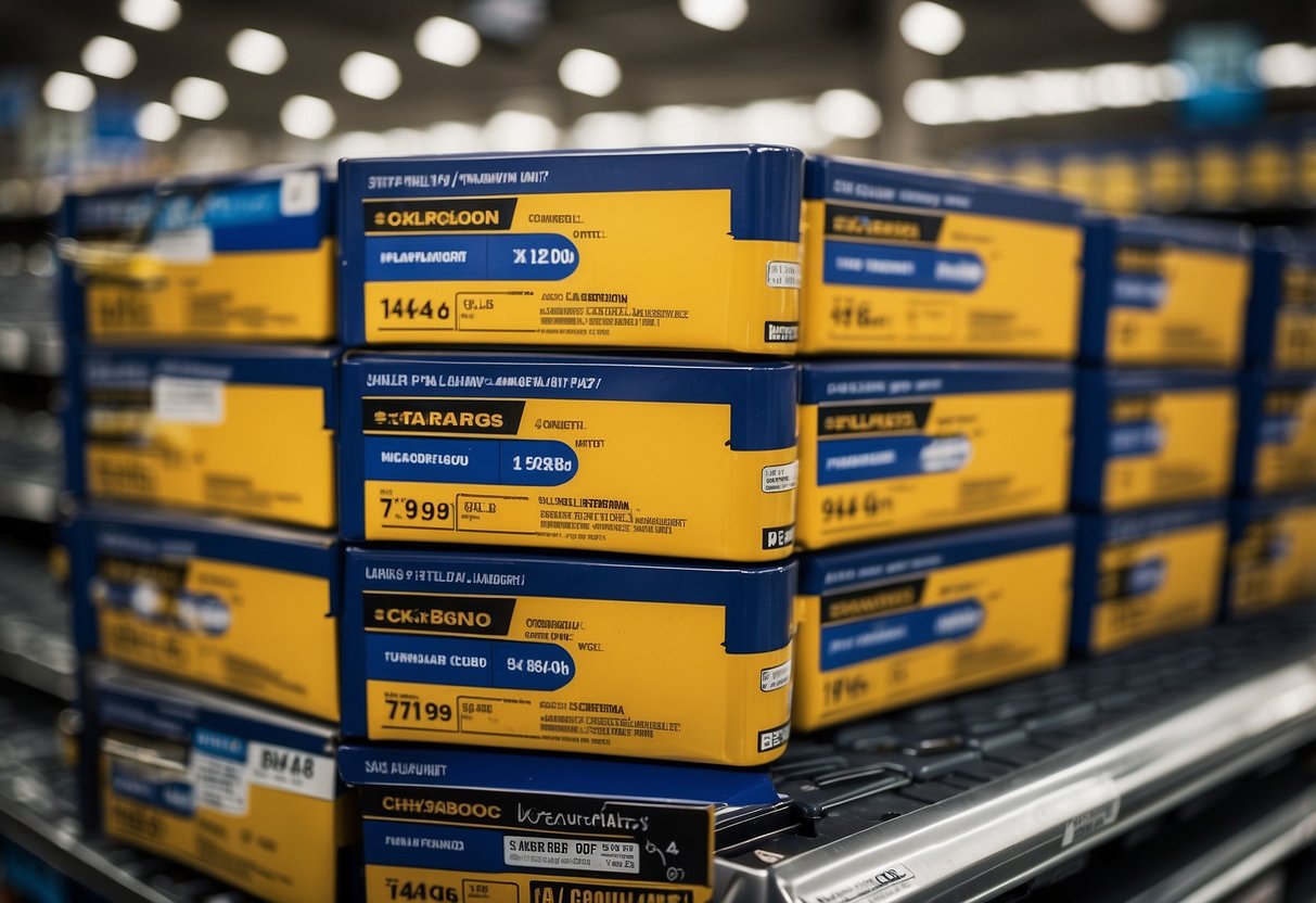 A shelf of car batteries at Sam's Club, with prices clearly displayed