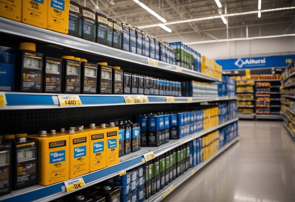 Various car batteries on shelves at Sam's Club, with prices displayed