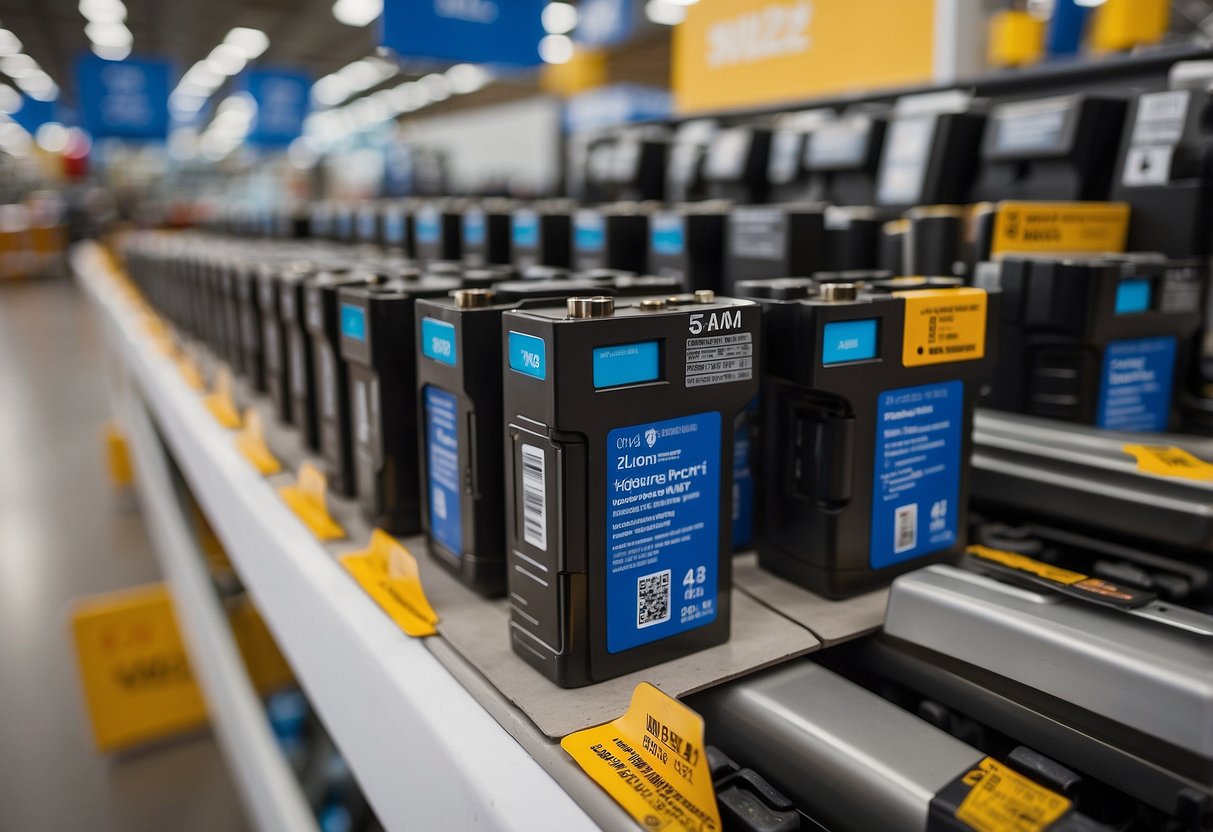 A car battery display at Sam's Club with price tags and warranty information