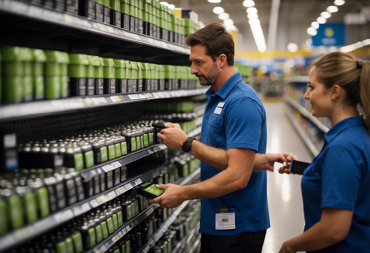 A shelf stacked with car batteries at Sam's Club, with a price tag displayed prominently. A customer service representative assisting a customer with a purchase