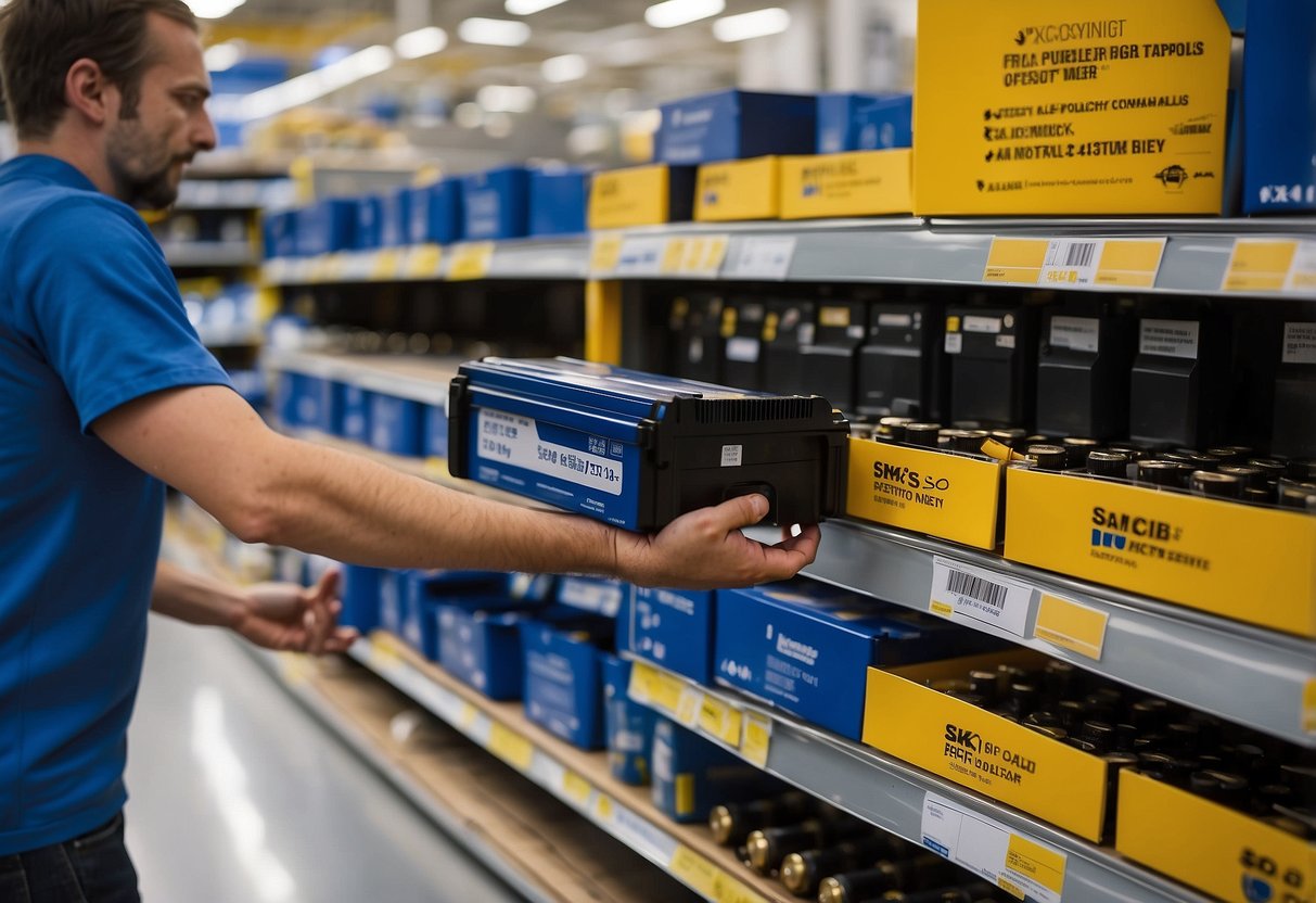 A customer returns a car battery to Sam's Club, with a focus on the environmentally responsible aspect of the return policy