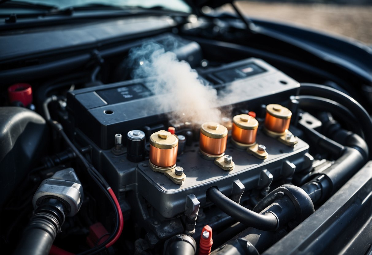 A car battery sits in an engine compartment, emitting smoke and heat