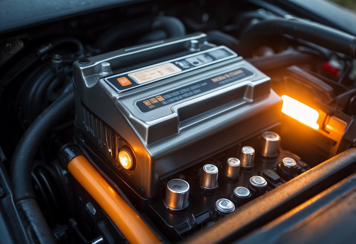 A car battery sits in an engine compartment, emitting heat as it powers the vehicle. No human presence is visible