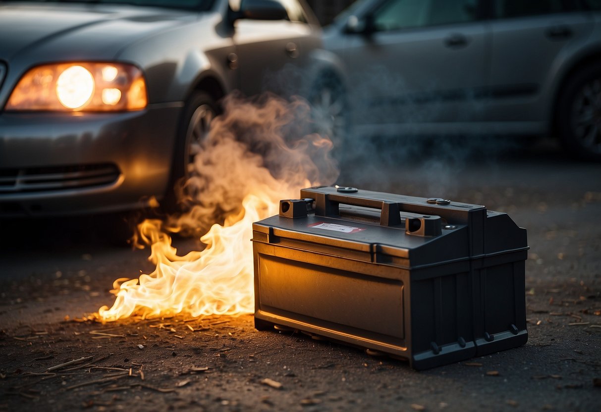 A car battery sits on the ground, emitting smoke and flames