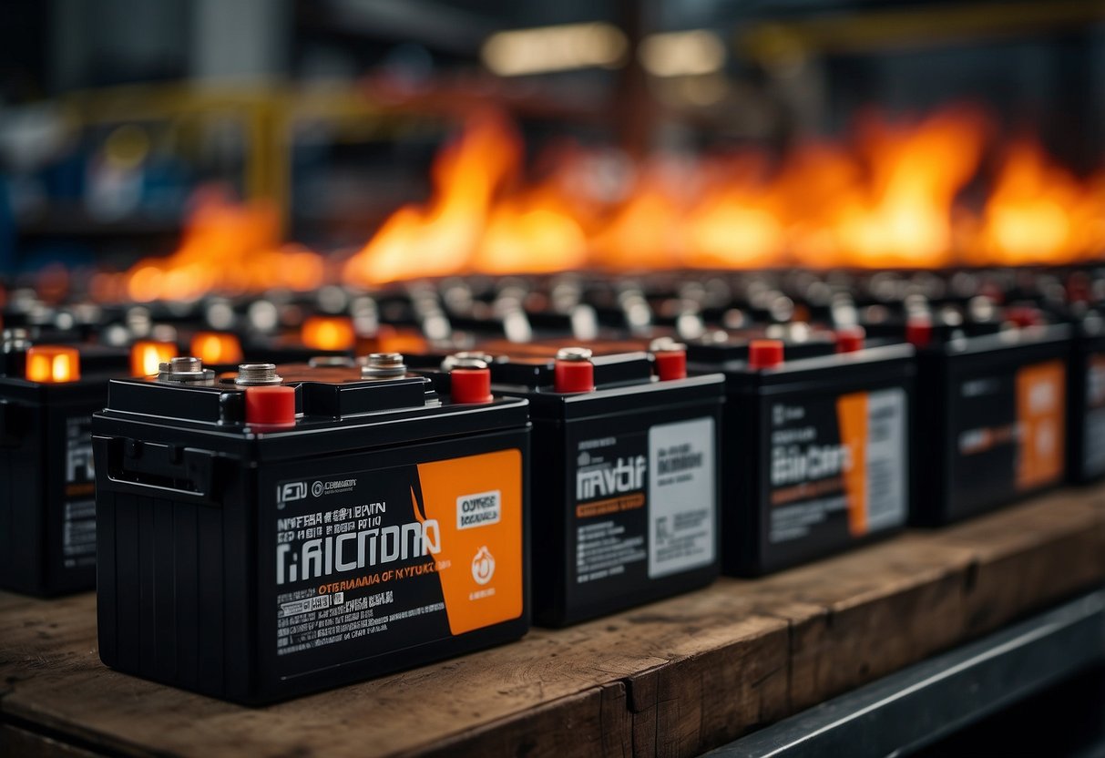 A stack of car batteries sits in a warehouse. Flames flicker nearby, casting an ominous glow on the potentially flammable objects