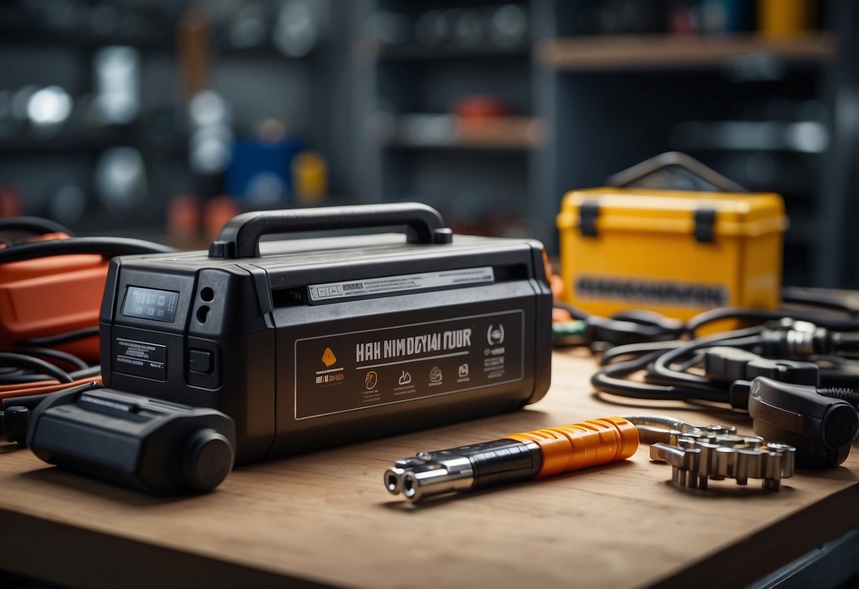 A car battery sits on a workbench with clear guidelines for handling and charging displayed nearby. The battery is surrounded by safety equipment and tools