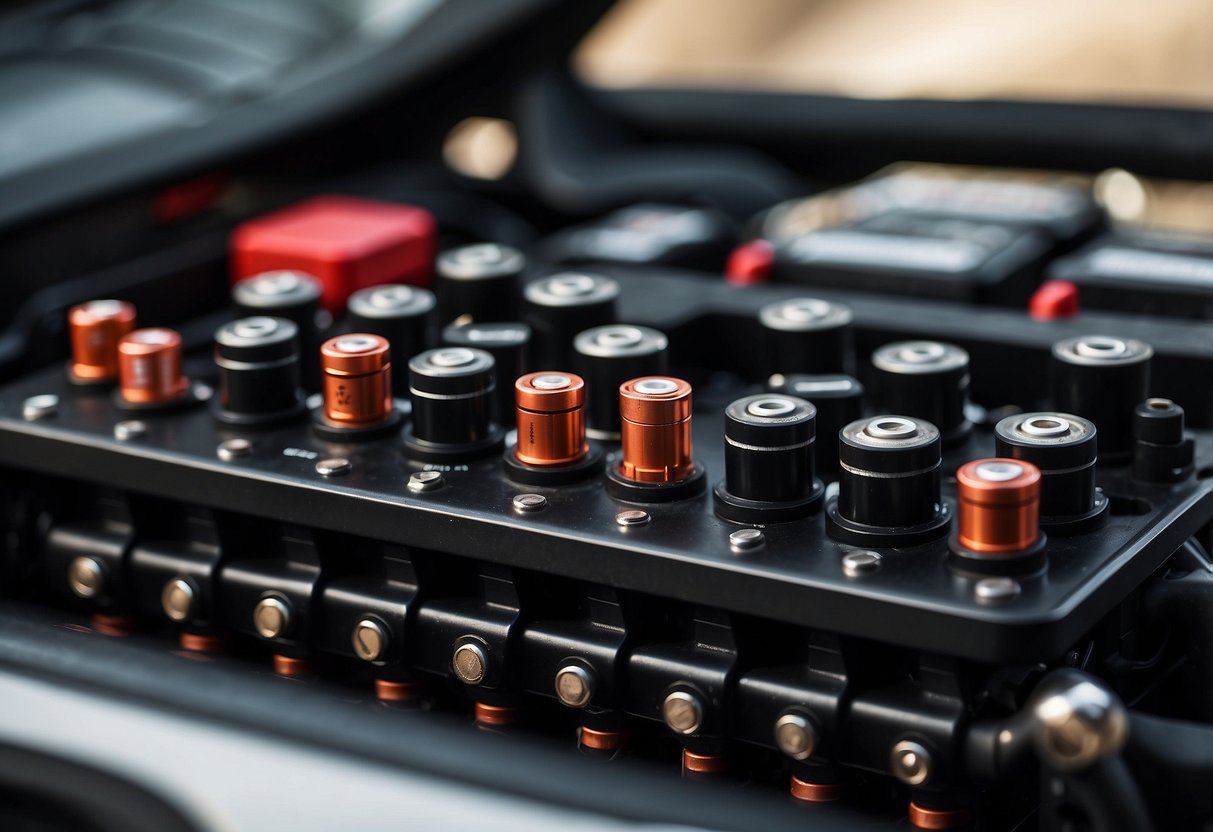 A car battery with red and black terminals, positioned on the left and right sides of the battery, respectively