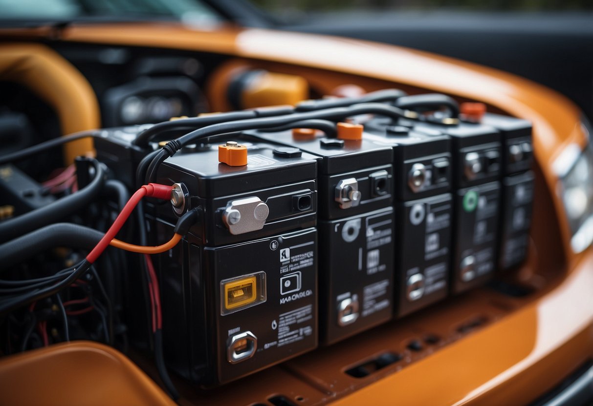 A car battery with visible terminals, one on each side, connected to electrical wires