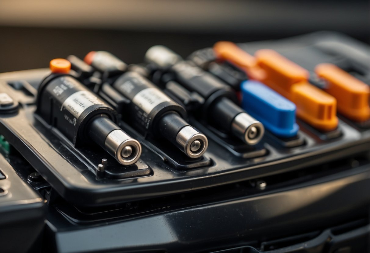 Car battery terminals, one positive and one negative, are typically located on opposite sides of the battery, with the positive terminal usually on the left side and the negative terminal on the right side