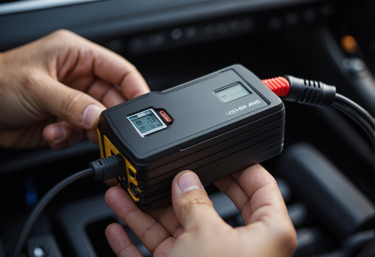 A hand holding a car battery charger, with the charger plugged into the car's battery