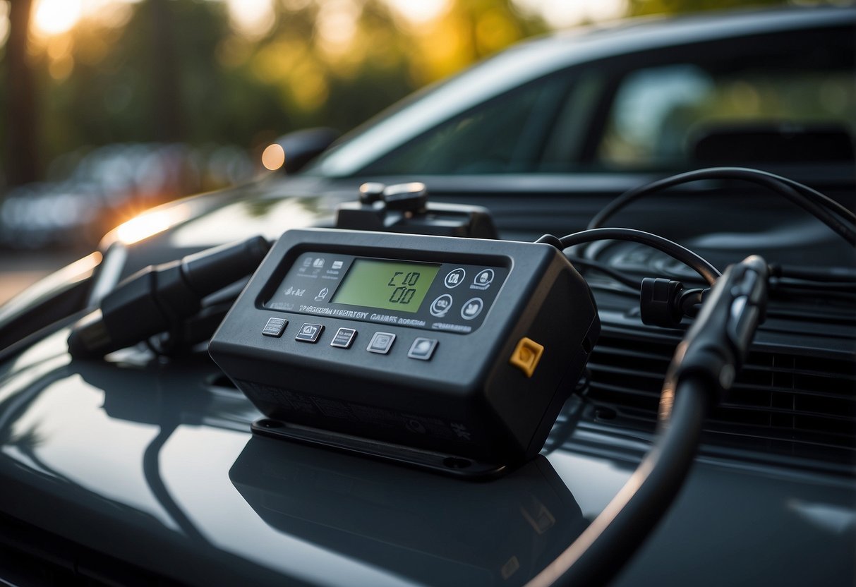 A car battery charger connected to a car battery, with visible size specifications displayed nearby