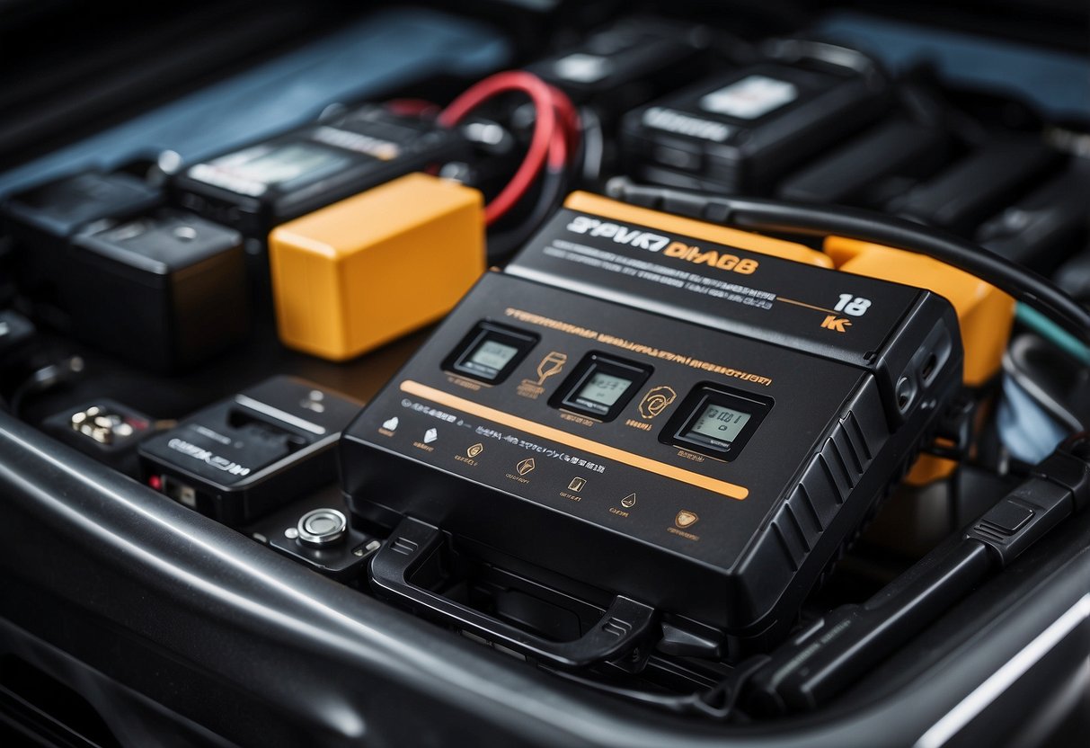 A specialized battery system with multiple chargers of varying sizes, including one for a car battery