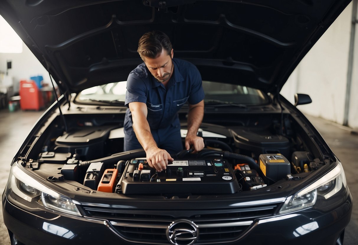 A mechanic installs an Interstate car battery under the hood of a vehicle, surrounded by tools and a bright, well-lit garage