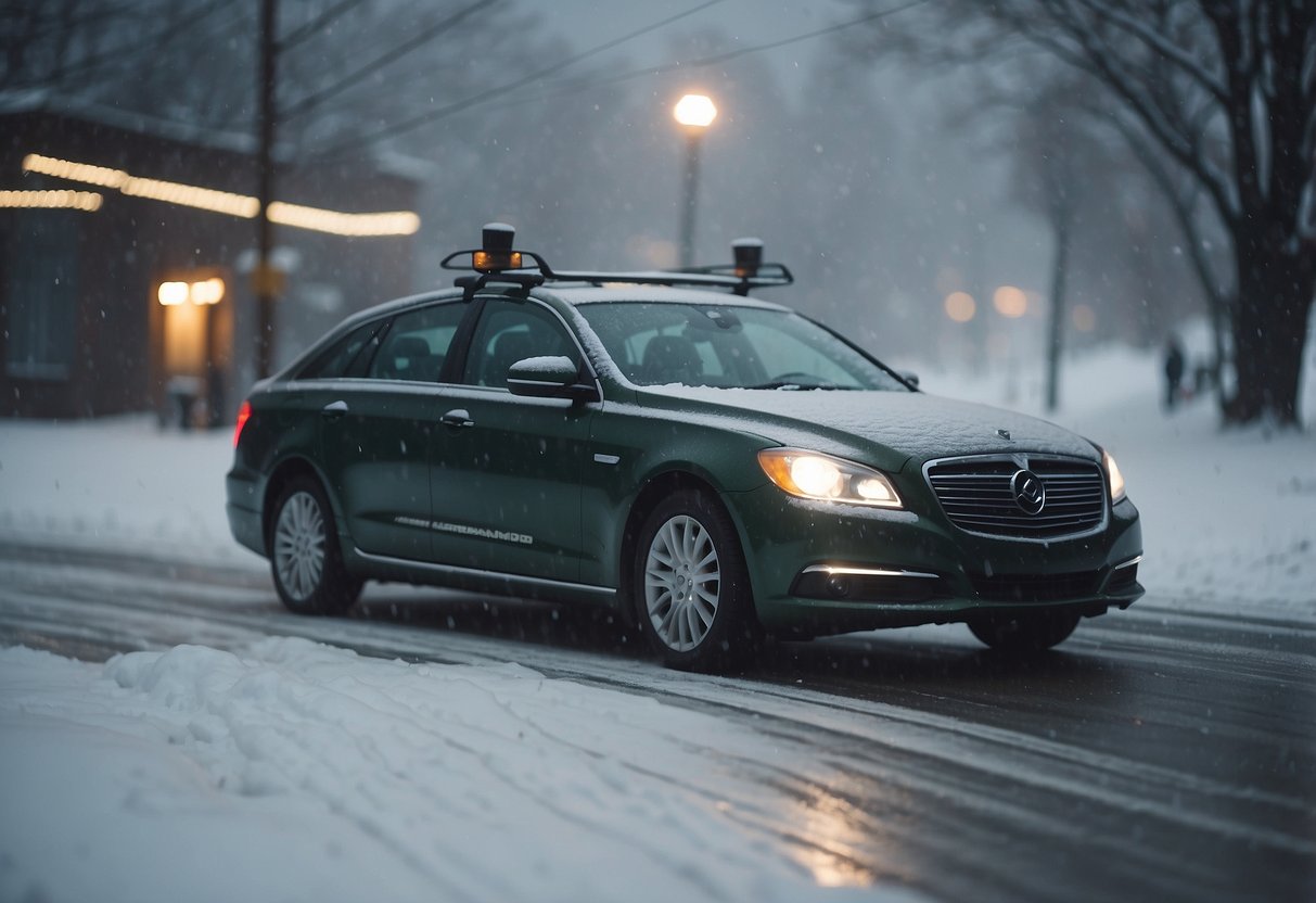 A car with a newly installed Interstate battery starts effortlessly in a snowstorm, while the driver smiles confidently