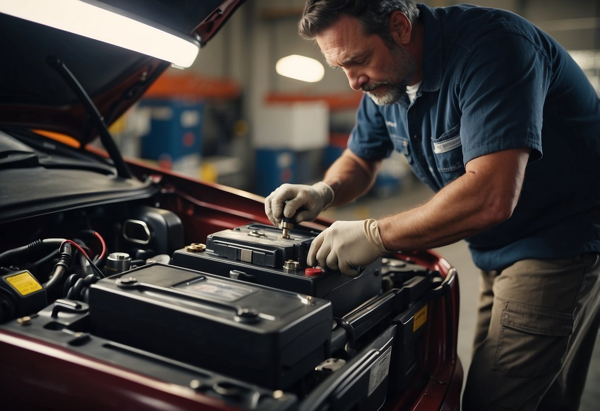 A mechanic reconditions a car battery using specialized equipment and tools in a well-lit garage