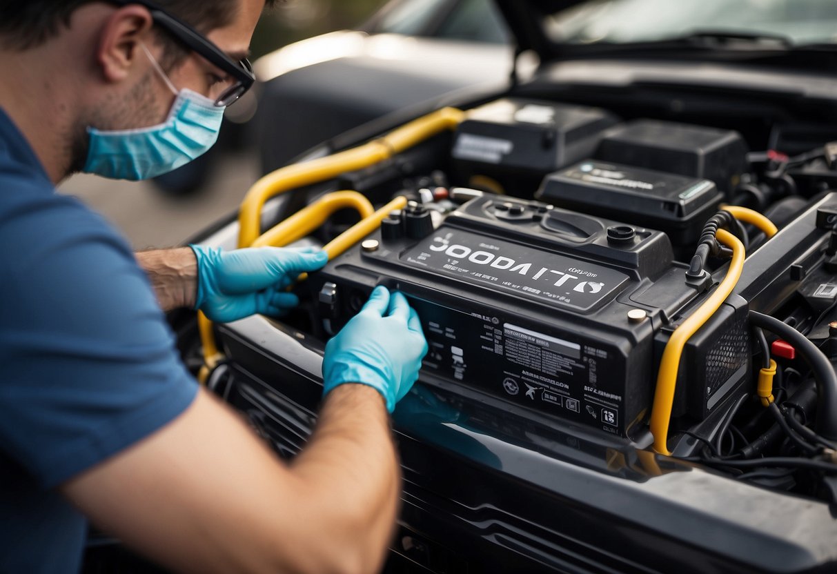 A person wearing safety goggles and gloves reconditions a car battery with caution and precision