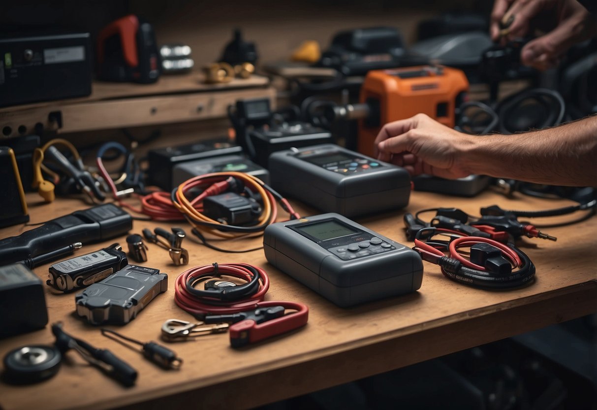 A car battery sits on a workbench surrounded by tools and equipment. A person's hand holds a multimeter, testing the battery's voltage