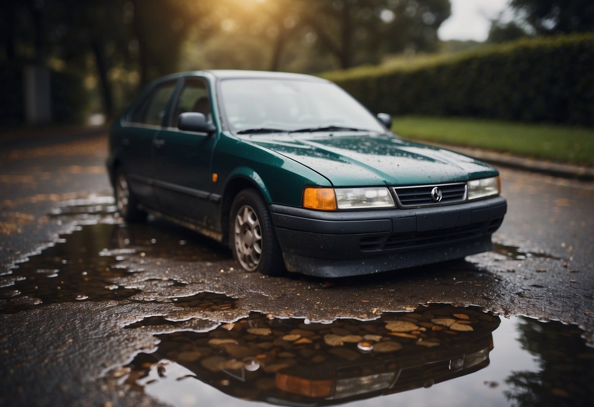 A car battery sits on the ground, with a puddle of acid forming around it