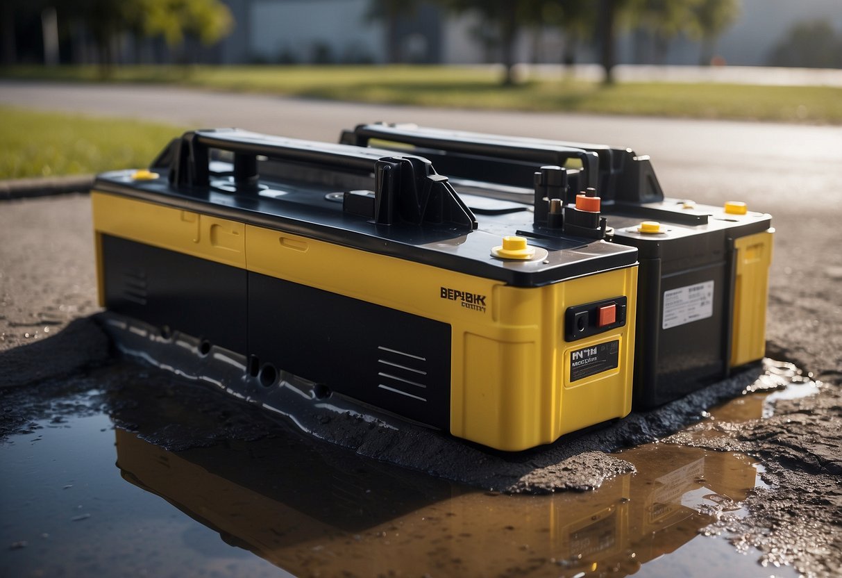 A car battery sits on a clean, dry surface. A small puddle forms underneath, indicating a leak. Nearby, safety equipment and prevention strategies are displayed prominently