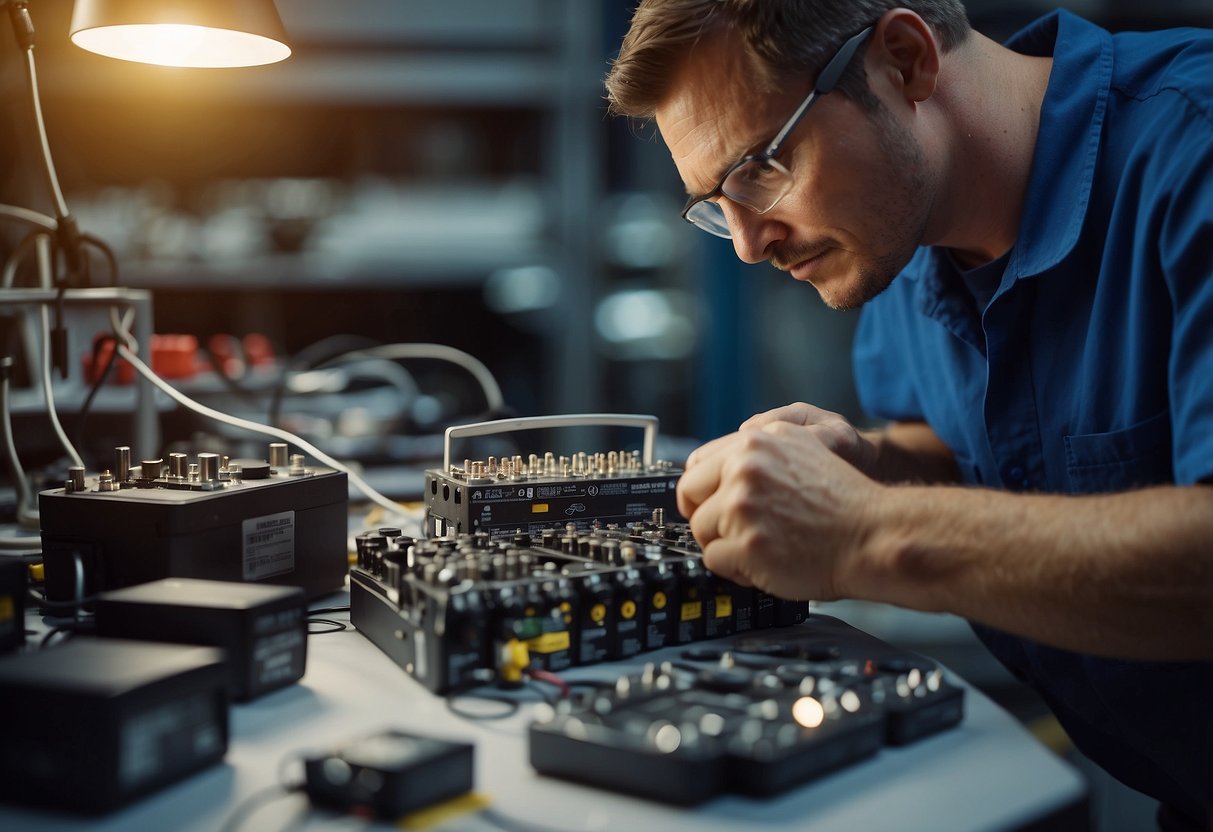 A technician replaces old cells with new ones, tests voltage, and seals the battery in a workshop