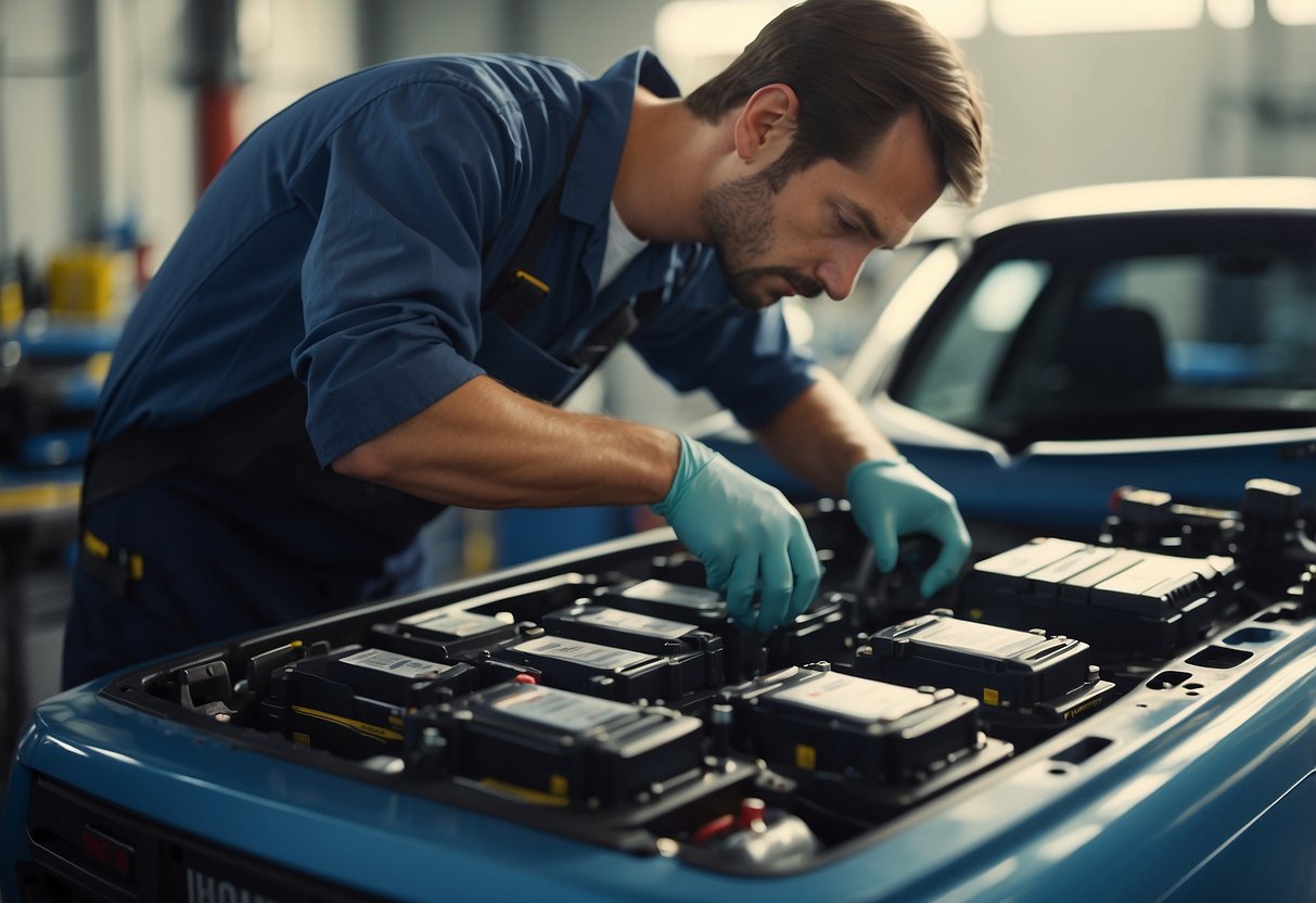 A technician refurbishes a car battery by cleaning, testing, and replacing damaged cells and components