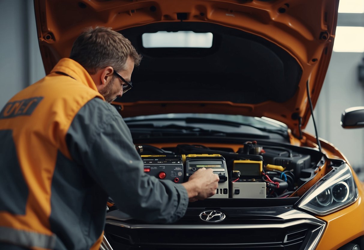 A technician tests a car battery with a multimeter, then cleans and recharges it before reinstalling it into the vehicle