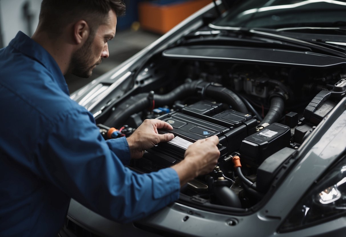 A technician refurbishes a car battery, checking for defects and replacing worn-out parts. Warranty considerations are reviewed before finalizing the process